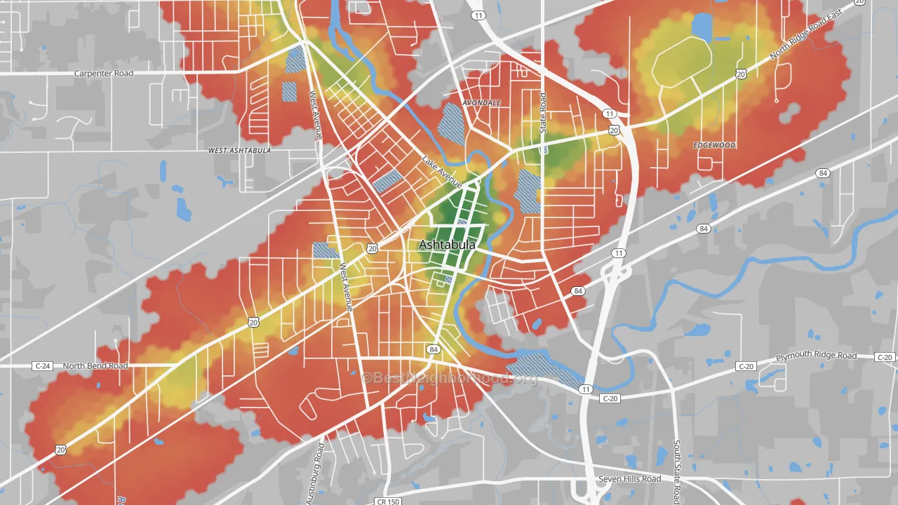 Walk Grade map of Downtown Ashtabula, Ashtabula, OH, walkable areas in green and car-dependent areas in red