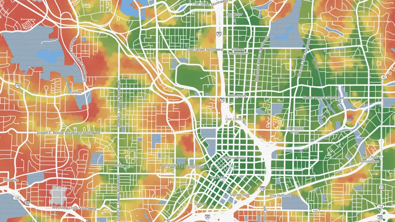 Walk Grade map of Downtown, Atlanta, GA, walkable areas in green and car-dependent areas in red