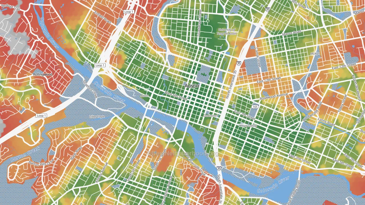 Walk Grade map of Downtown Austin, Austin, TX, walkable areas in green and car-dependent areas in red