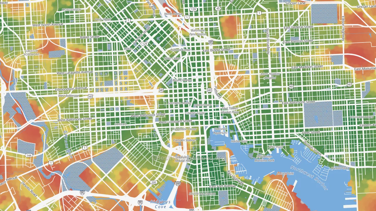 Walk Grade map of Downtown, Baltimore, MD, walkable areas in green and car-dependent areas in red