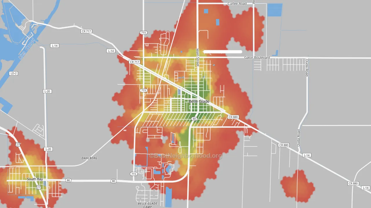 Walk Grade map of Downtown Belle Glade, Belle Glade, FL, walkable areas in green and car-dependent areas in red