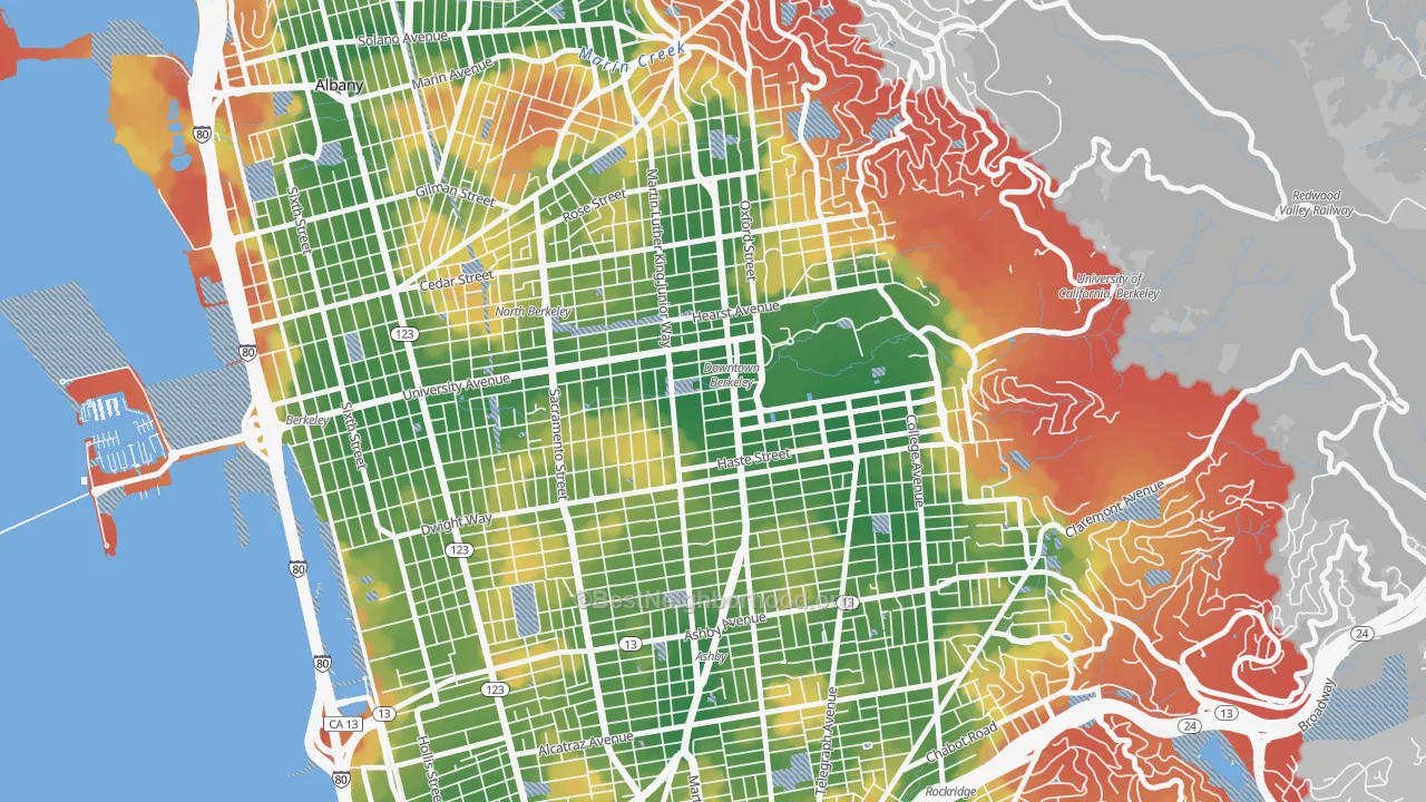 Walk Grade map of Downtown Berkeley, Berkeley, CA, walkable areas in green and car-dependent areas in red