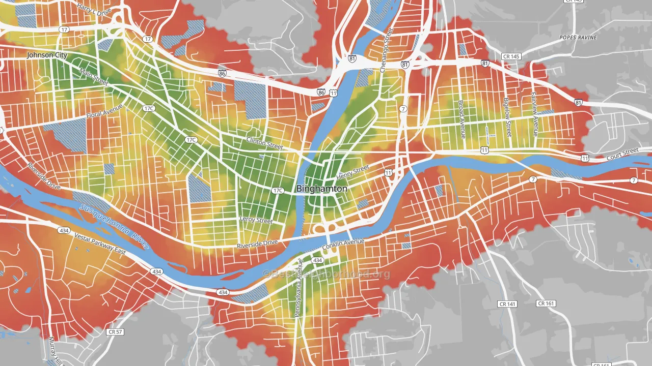 Walk Grade map of Downtown Binghamton, Binghamton, NY, walkable areas in green and car-dependent areas in red