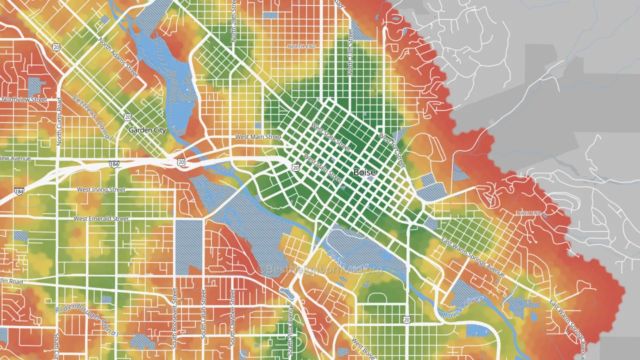 Walk Grade map of Downtown, Boise, ID, walkable areas in green and car-dependent areas in red