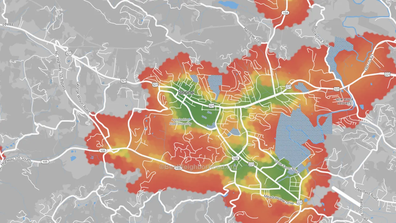 Walk Grade map of Downtown Boone, Boone, NC, walkable areas in green and car-dependent areas in red