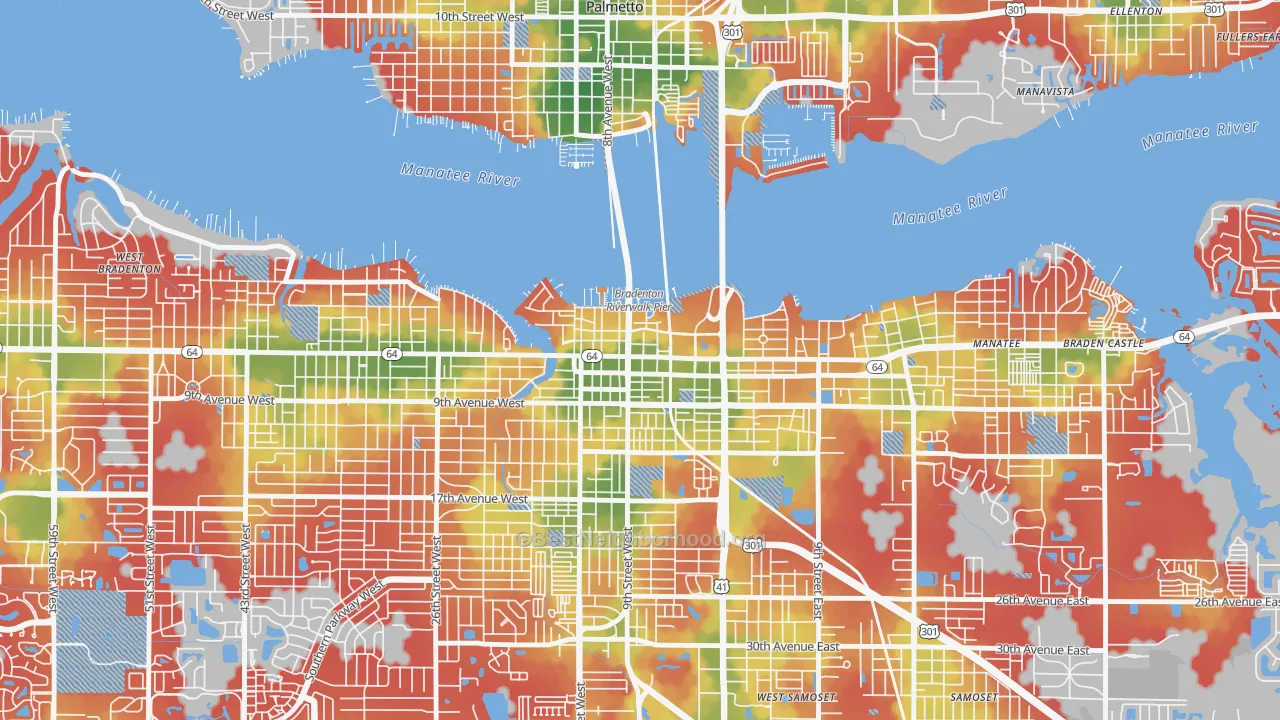Walk Grade map of Downtown Bradenton, Bradenton, FL, walkable areas in green and car-dependent areas in red