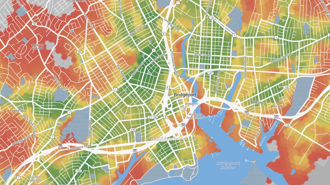 Walk Grade map of Downtown Bridgeport, Bridgeport, CT, walkable areas in green and car-dependent areas in red