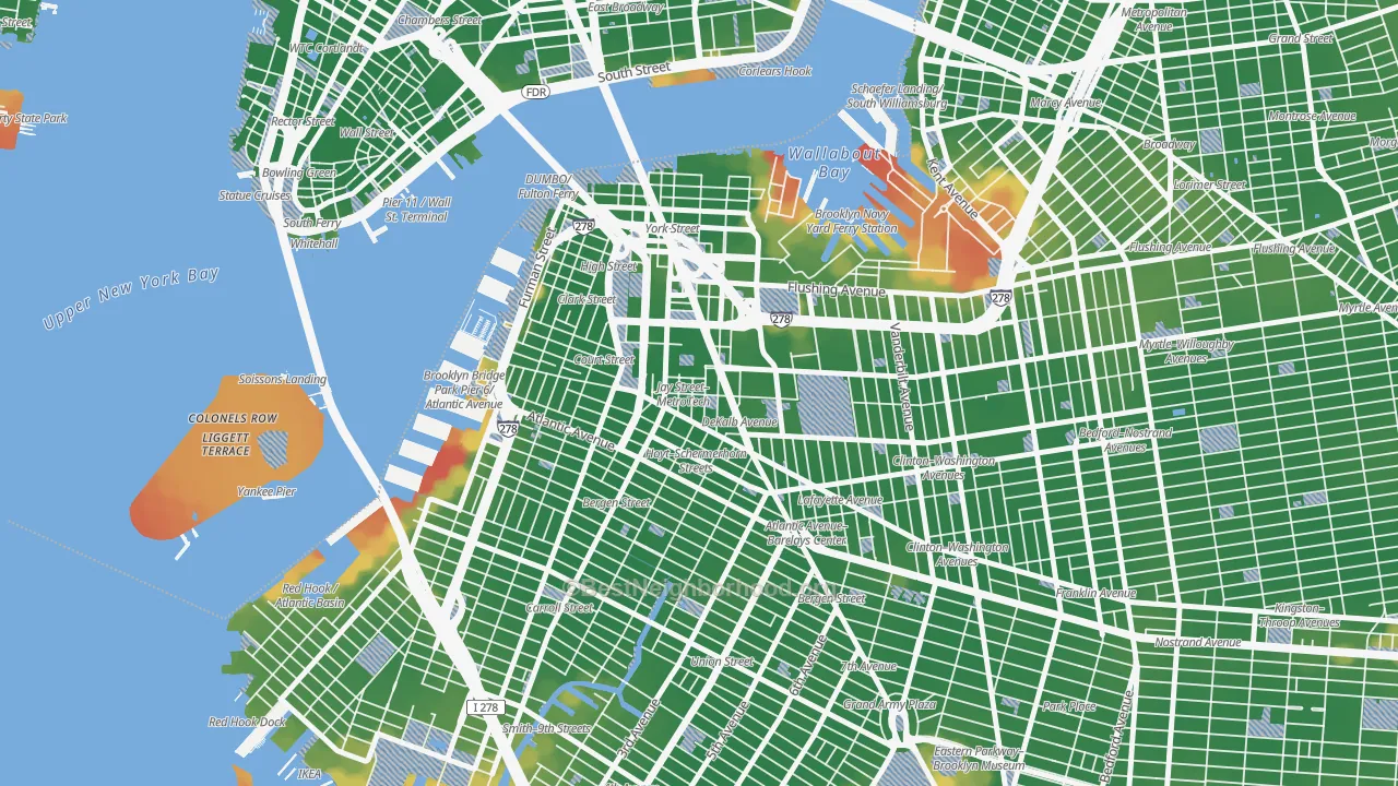 Walk Grade map of Downtown Brooklyn, Brooklyn, NY, walkable areas in green and car-dependent areas in red