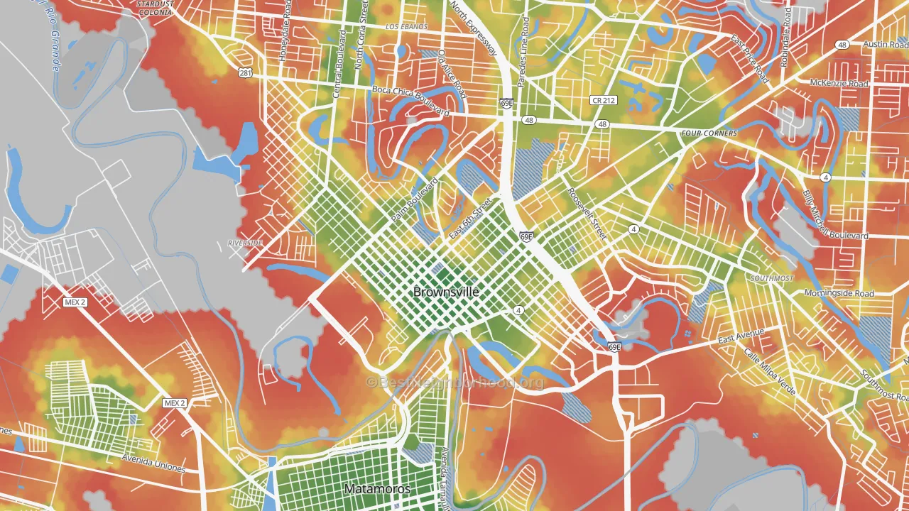 Walk Grade map of Downtown Brownsville, Brownsville, TX, walkable areas in green and car-dependent areas in red