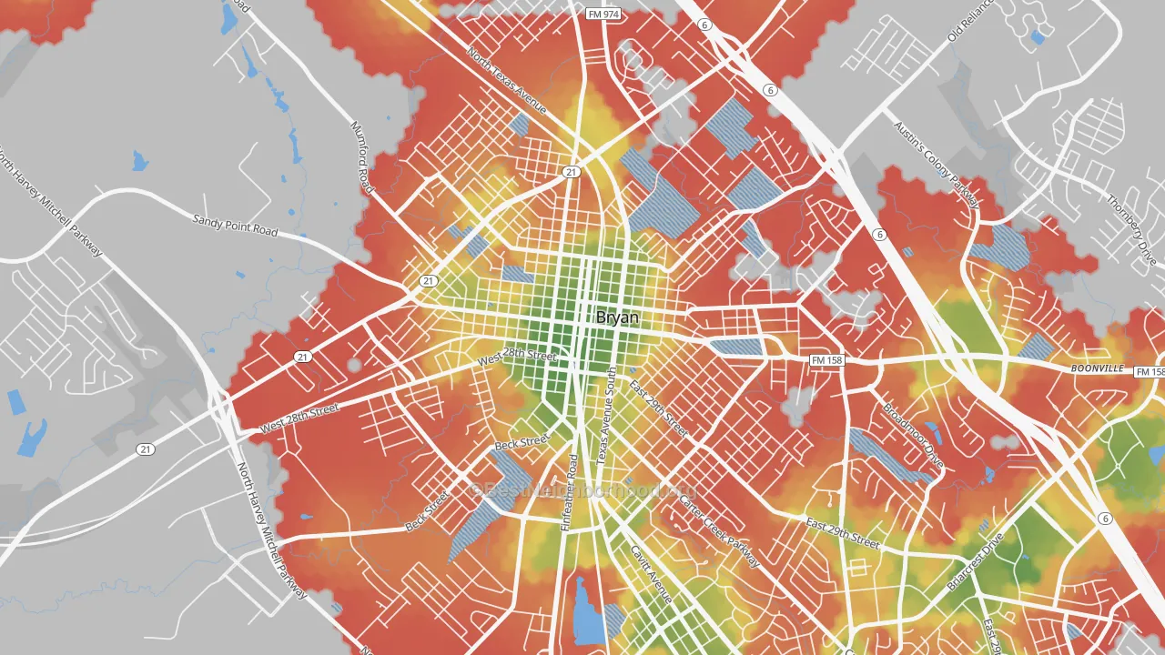 Walk Grade map of Downtown Bryan, Bryan, TX, walkable areas in green and car-dependent areas in red