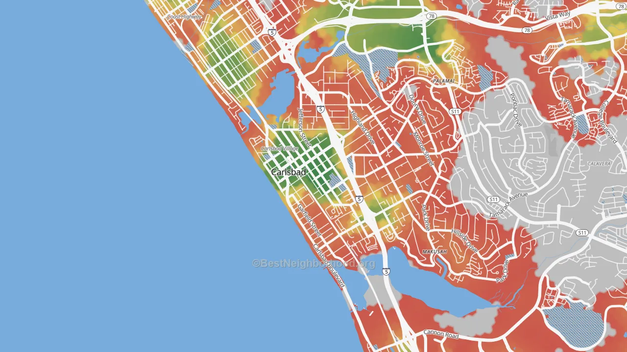 Walk Grade map of Downtown Carlsbad, Carlsbad, CA, walkable areas in green and car-dependent areas in red