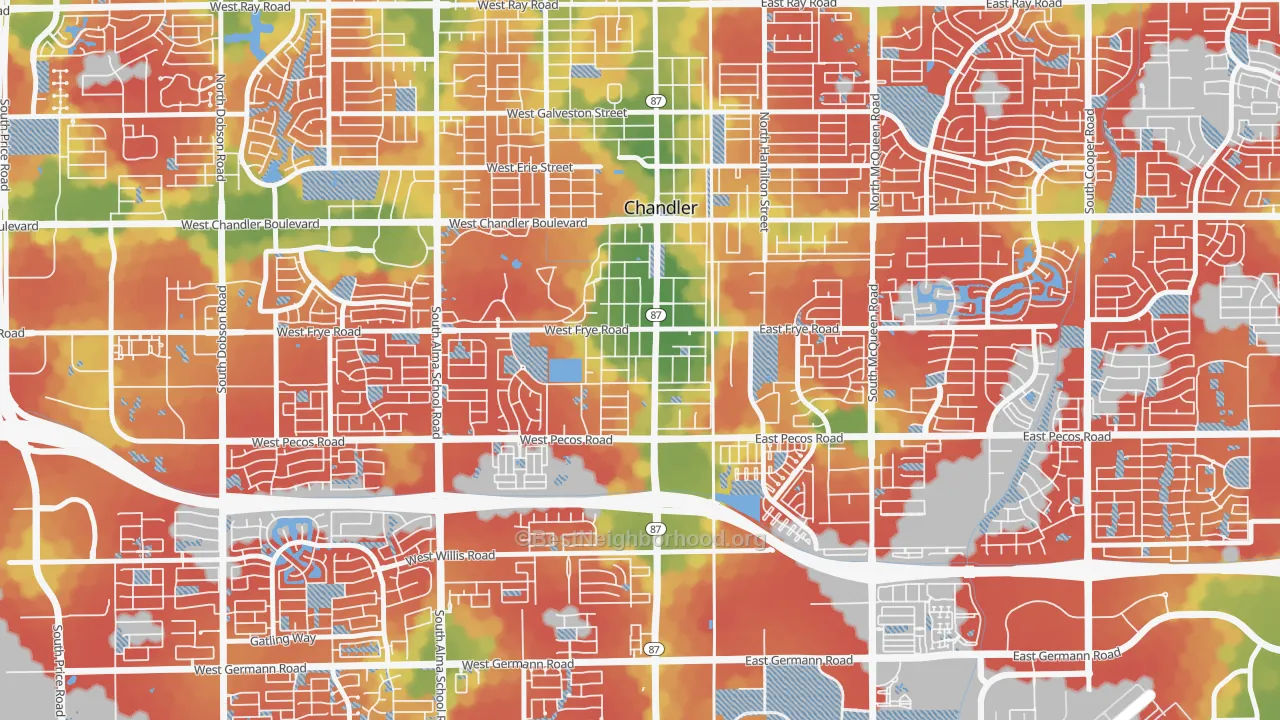 Walk Grade map of Downtown Chandler, Chandler, AZ, walkable areas in green and car-dependent areas in red