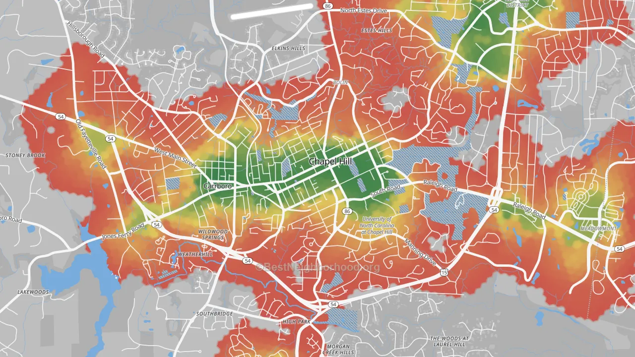 Walk Grade map of Downtown Chapel Hill, Chapel Hill, NC, walkable areas in green and car-dependent areas in red