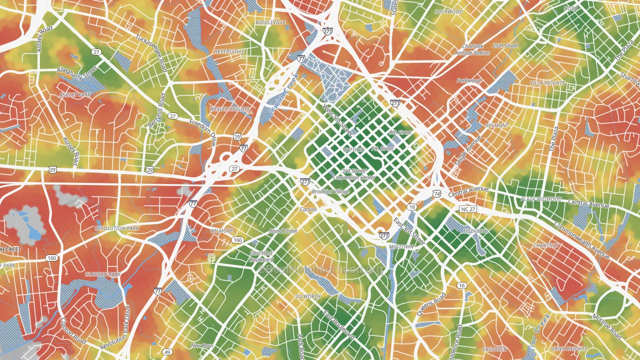 Walk Grade map of Downtown Charlotte, Charlotte, NC, walkable areas in green and car-dependent areas in red
