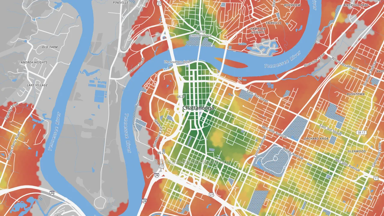 Walk Grade map of Downtown Chattanooga, Chattanooga, TN, walkable areas in green and car-dependent areas in red