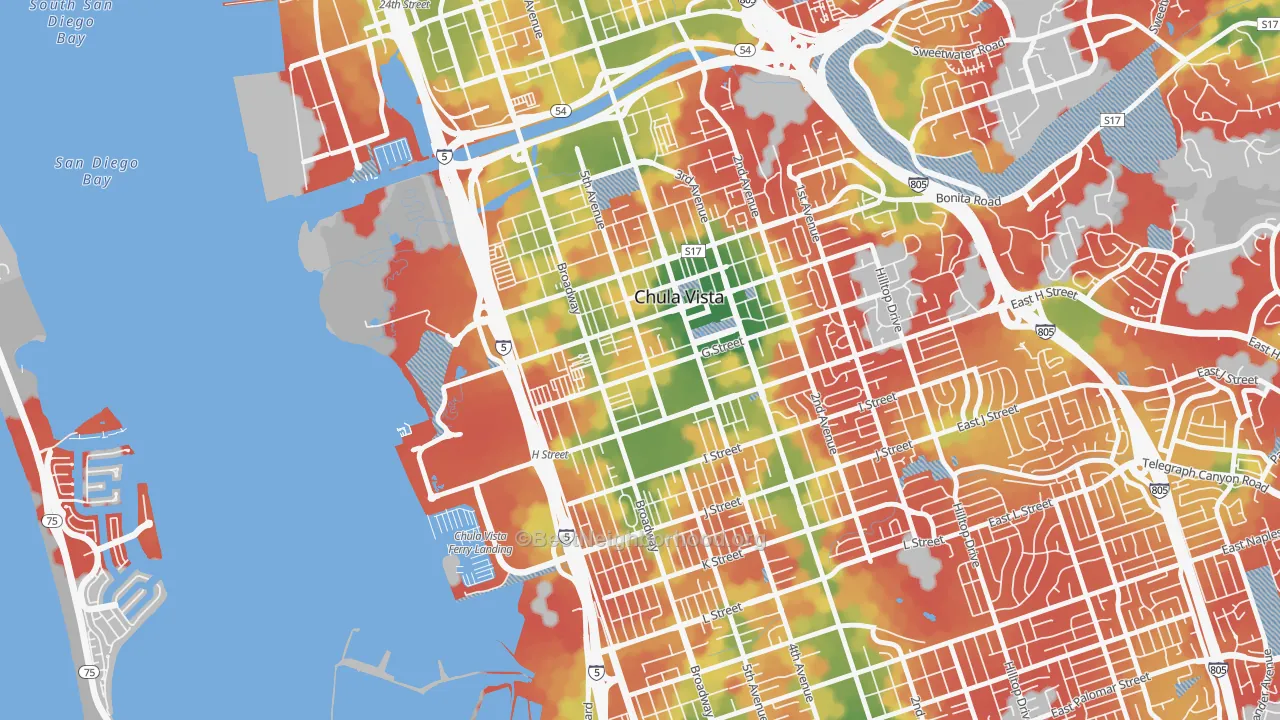 Walk Grade map of Downtown Chula Vista, Chula Vista, CA, walkable areas in green and car-dependent areas in red