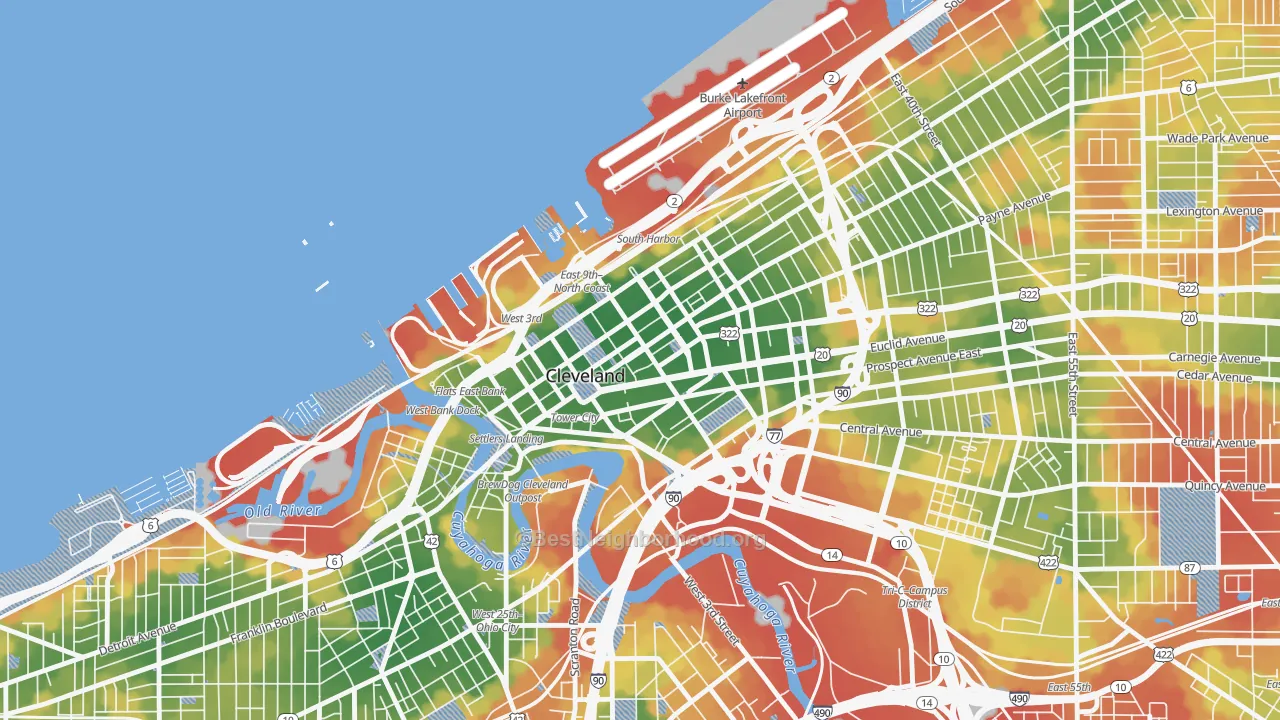 Walk Grade map of Downtown Cleveland, Cleveland, OH, walkable areas in green and car-dependent areas in red