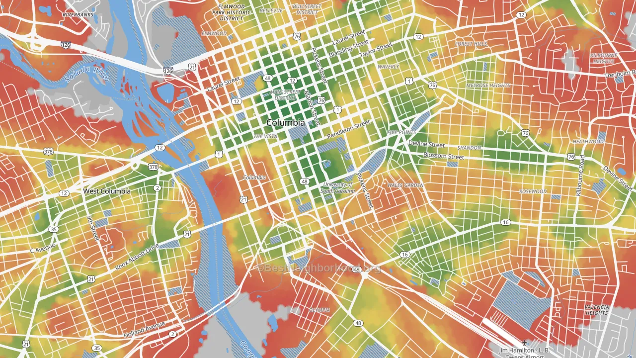Walk Grade map of Downtown Columbia, Columbia, SC, walkable areas in green and car-dependent areas in red