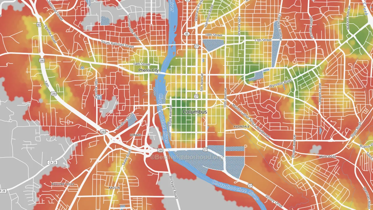 Walk Grade map of Downtown Columbus, Columbus, GA, walkable areas in green and car-dependent areas in red