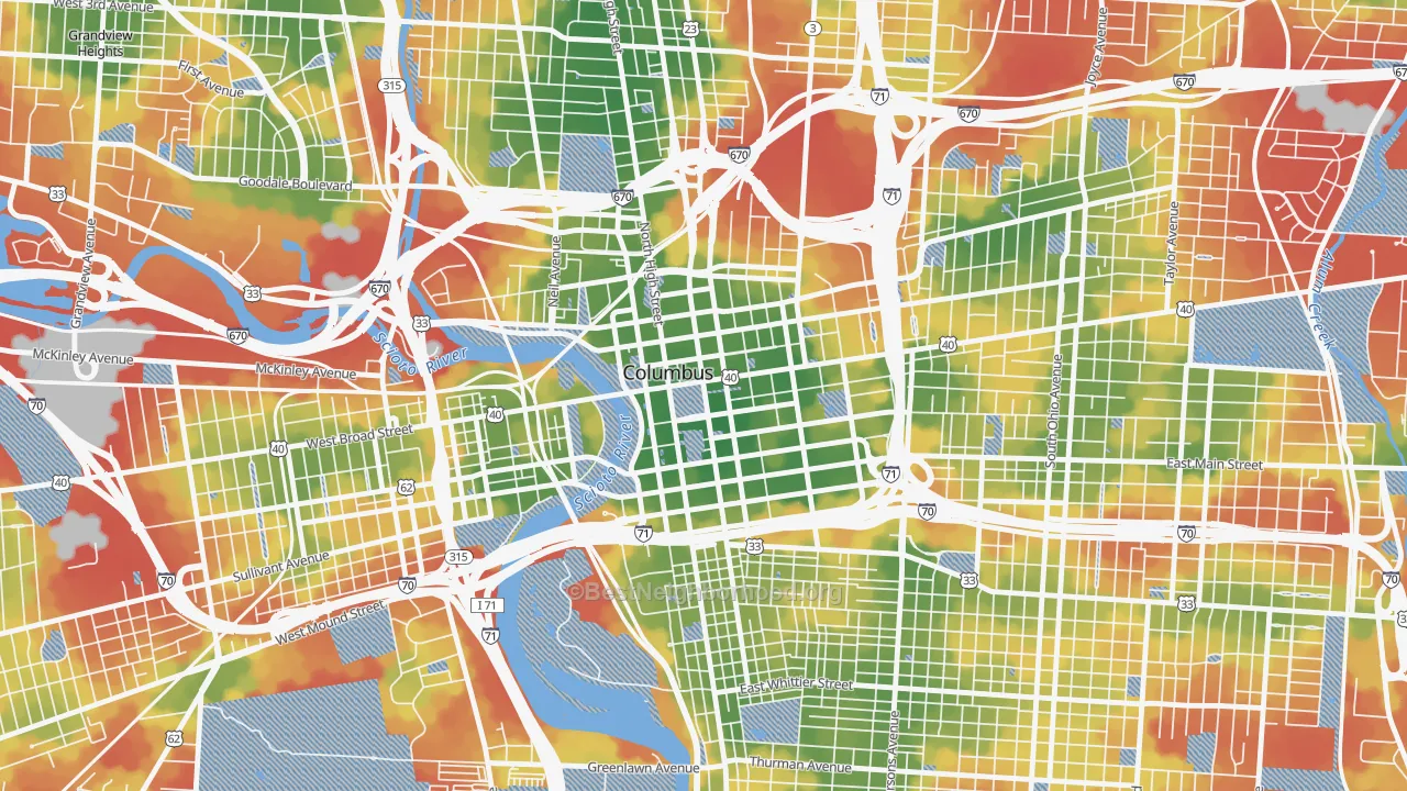 Walk Grade map of Downtown Columbus, Columbus, OH, walkable areas in green and car-dependent areas in red