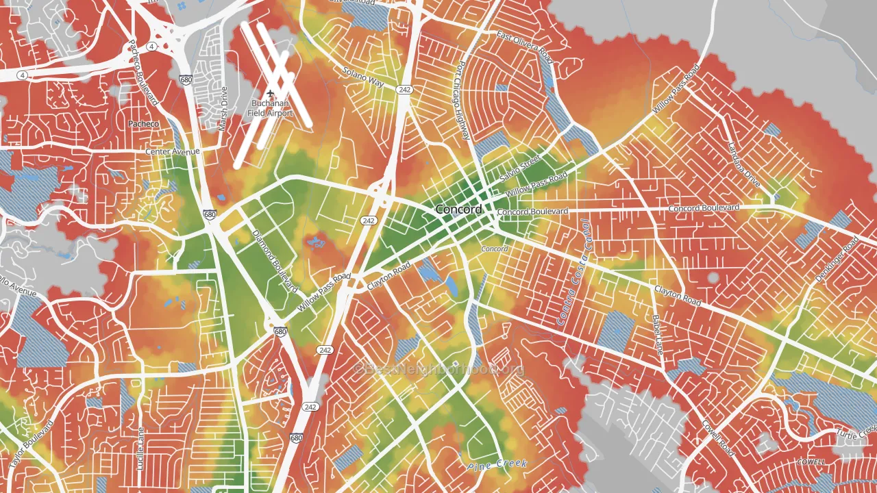 Walk Grade map of Downtown Concord, Concord, CA, walkable areas in green and car-dependent areas in red