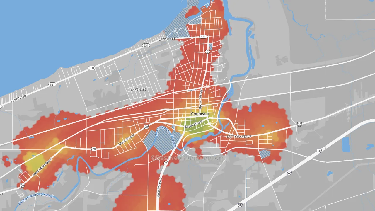 Walk Grade map of Downtown Conneaut, Conneaut, OH, walkable areas in green and car-dependent areas in red