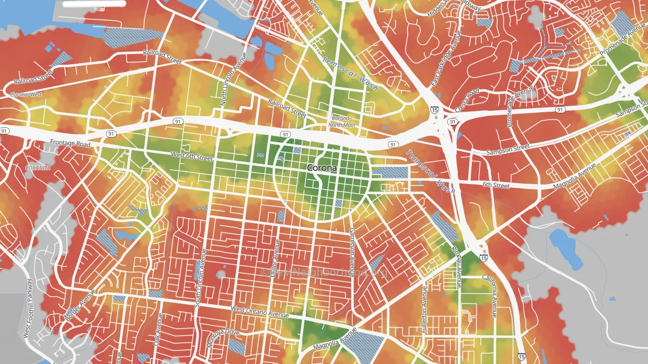 Walk Grade map of Downtown Corona, Corona, CA, walkable areas in green and car-dependent areas in red