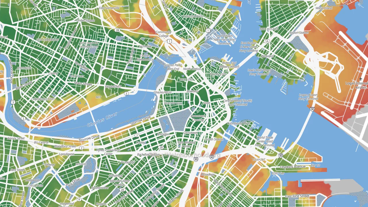 Walk Grade map of Downtown Crossing, Boston, MA, walkable areas in green and car-dependent areas in red