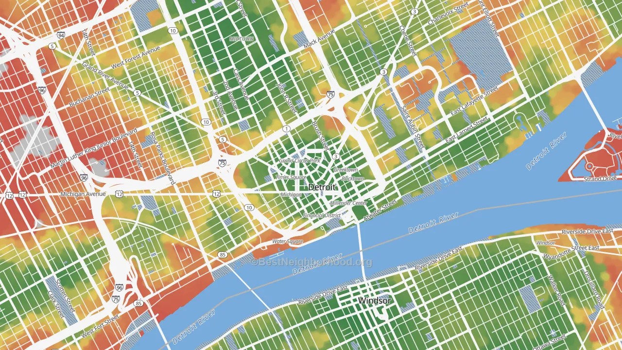 Walk Grade map of Downtown Detroit, Detroit, MI, walkable areas in green and car-dependent areas in red