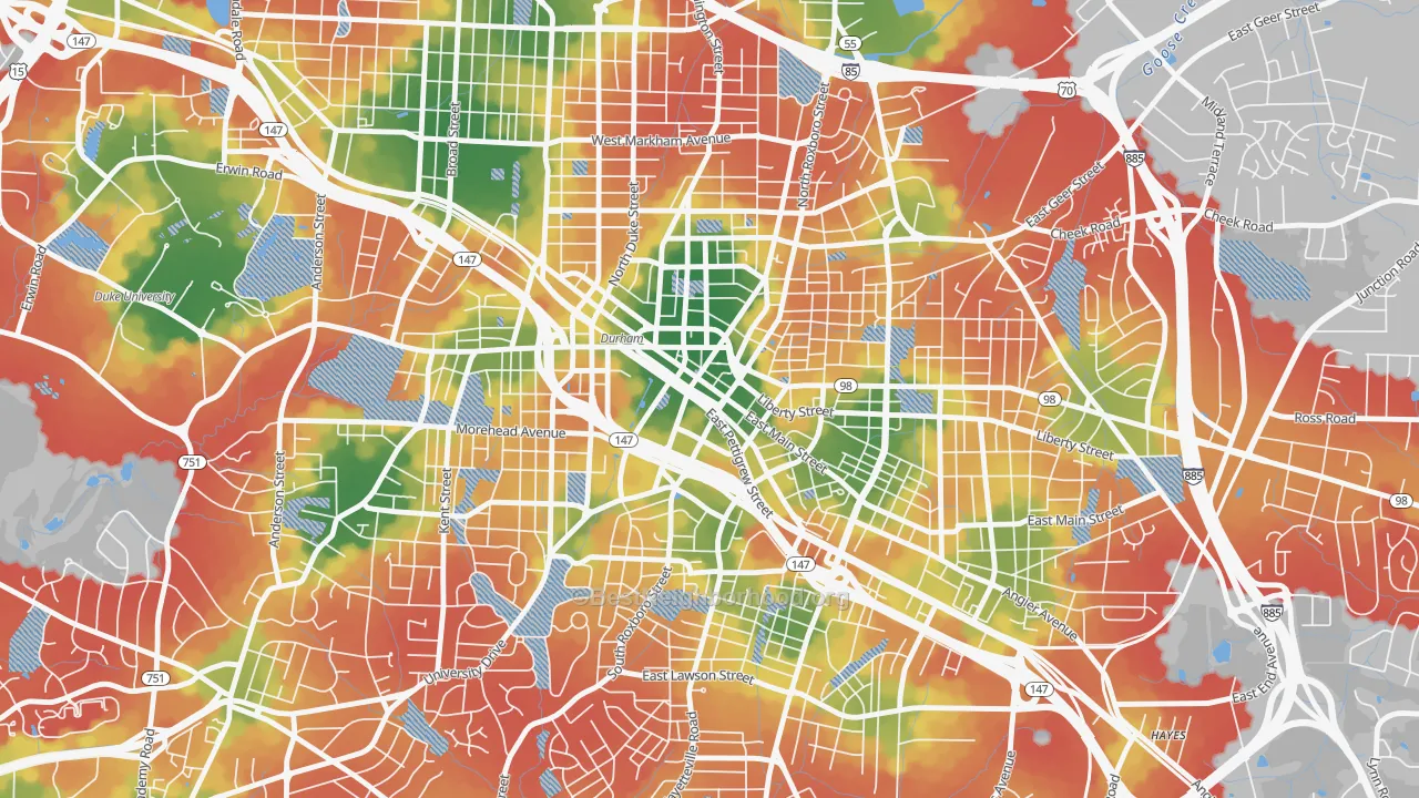 Walk Grade map of Downtown Durham, Durham, NC, walkable areas in green and car-dependent areas in red