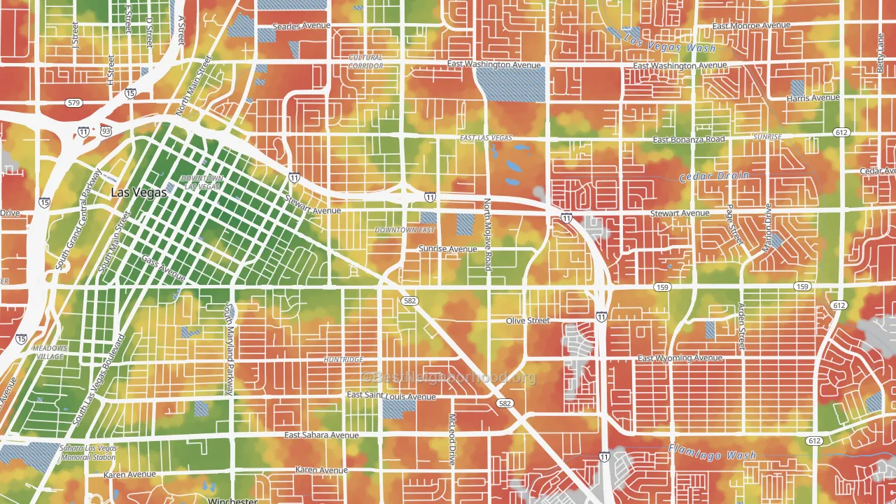 Walk Grade map of Downtown East, Las Vegas, NV, walkable areas in green and car-dependent areas in red