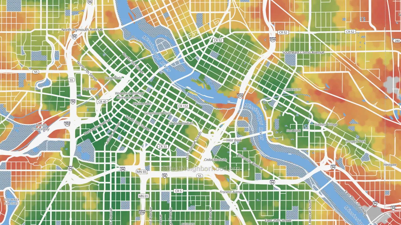 Walk Grade map of Downtown East, Minneapolis, MN, walkable areas in green and car-dependent areas in red