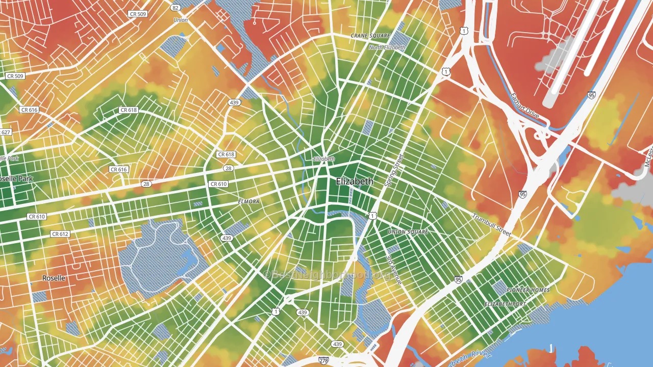 Walk Grade map of Downtown Elizabeth, Elizabeth, NJ, walkable areas in green and car-dependent areas in red