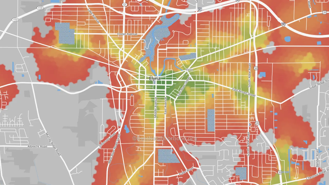Walk Grade map of Downtown Elyria, Elyria, OH, walkable areas in green and car-dependent areas in red