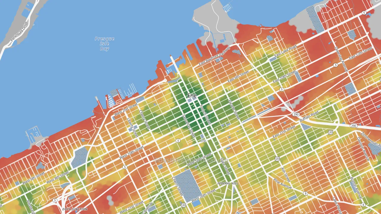 Walk Grade map of Downtown Erie, Erie, PA, walkable areas in green and car-dependent areas in red