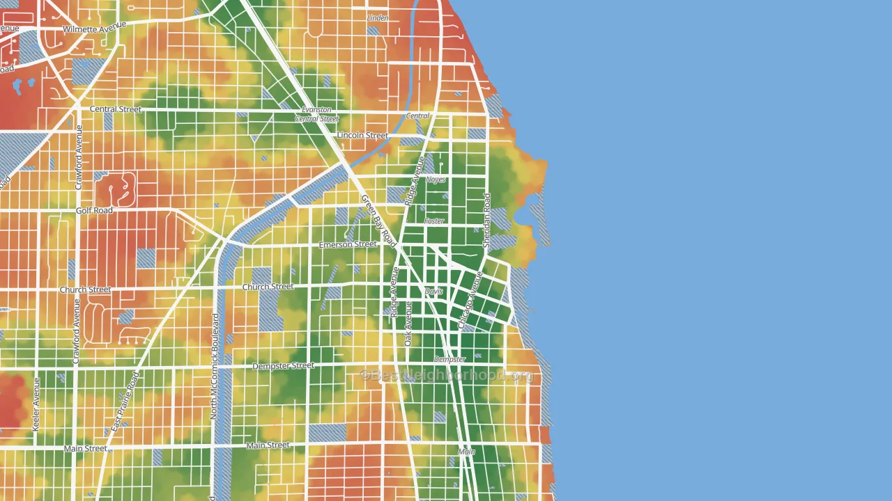 Walk Grade map of Downtown, Evanston, IL, walkable areas in green and car-dependent areas in red