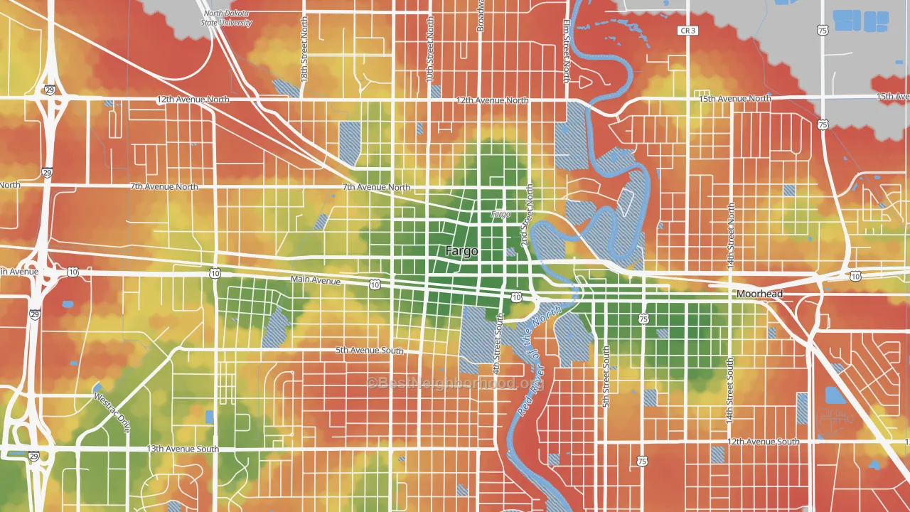 Walk Grade map of Downtown Fargo, Fargo, ND, walkable areas in green and car-dependent areas in red