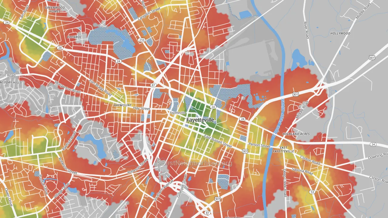 Walk Grade map of Downtown Fayetteville, Fayetteville, NC, walkable areas in green and car-dependent areas in red