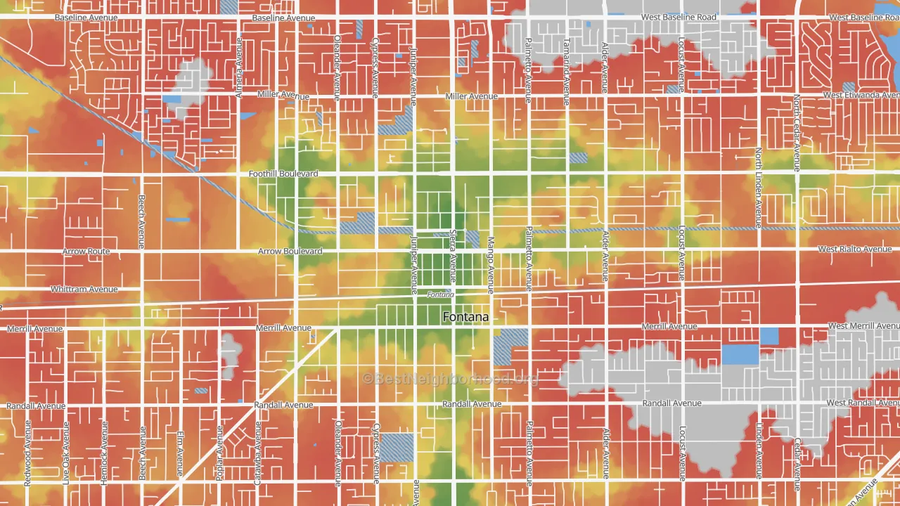 Walk Grade map of Downtown Fontana, Fontana, CA, walkable areas in green and car-dependent areas in red