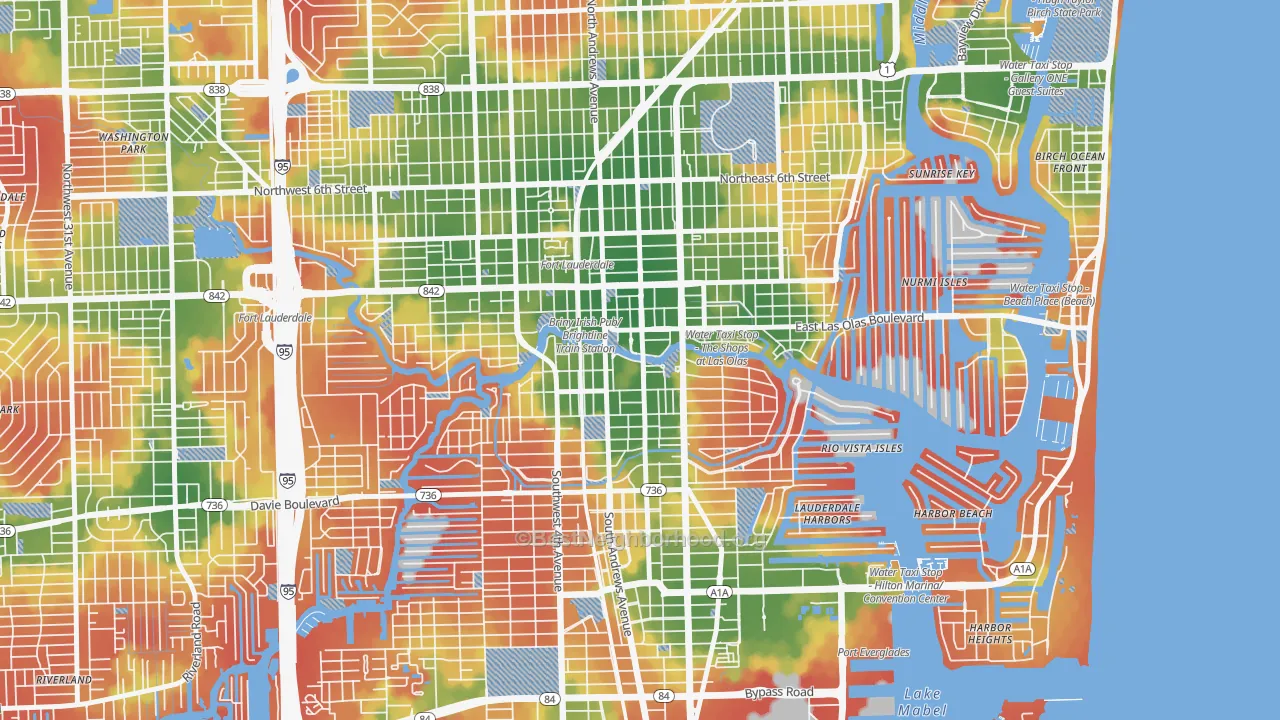 Walk Grade map of Downtown Fort Lauderdale, Fort Lauderdale, FL, walkable areas in green and car-dependent areas in red