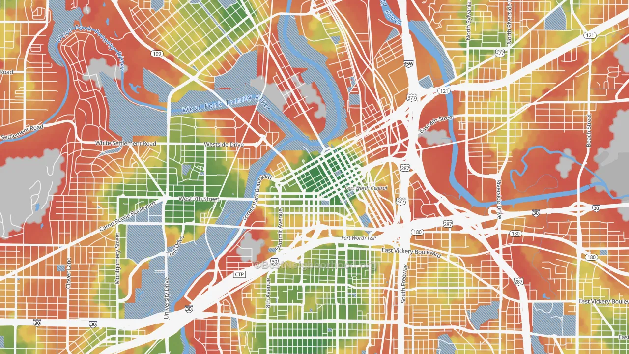 Walk Grade map of Downtown Fort Worth, Fort Worth, TX, walkable areas in green and car-dependent areas in red