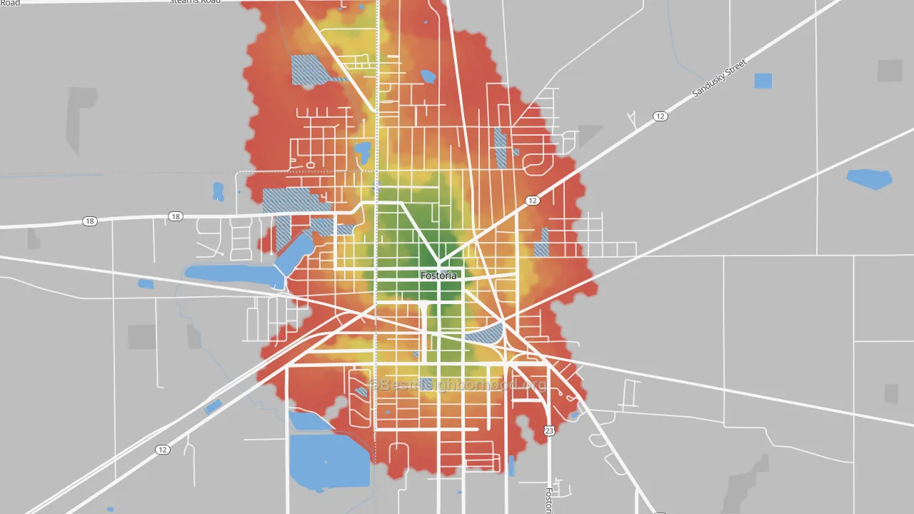 Walk Grade map of Downtown Fostoria, Fostoria, OH, walkable areas in green and car-dependent areas in red
