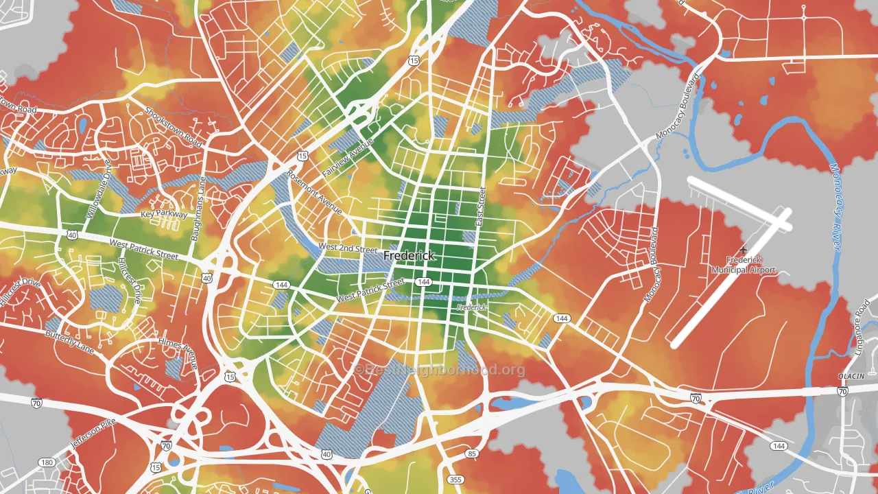 Walk Grade map of Downtown Frederick, Frederick, MD, walkable areas in green and car-dependent areas in red