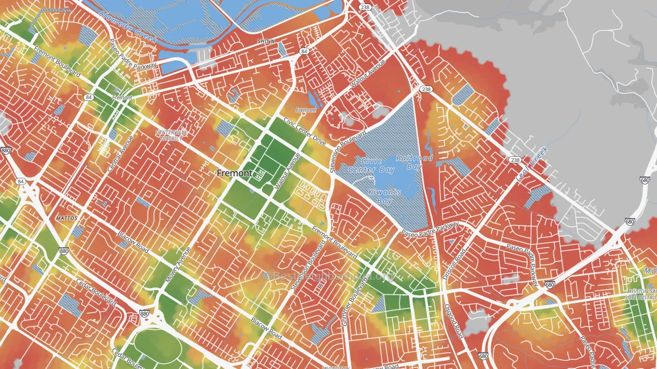 Walk Grade map of Downtown Fremont, Fremont, CA, walkable areas in green and car-dependent areas in red