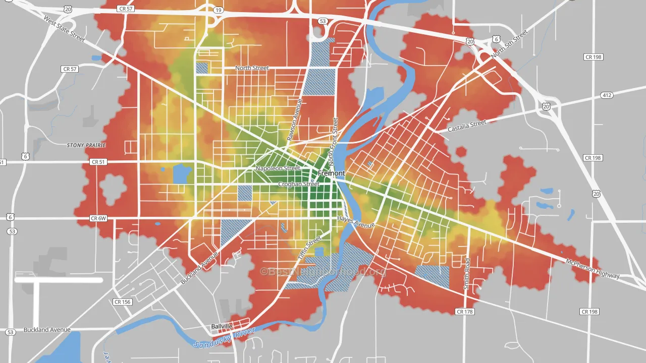 Walk Grade map of Downtown Fremont Historic District, Fremont, OH, walkable areas in green and car-dependent areas in red