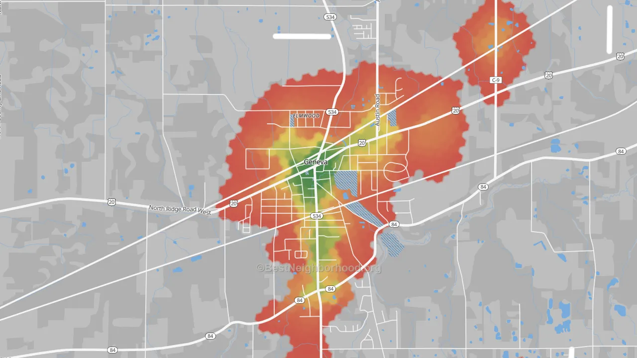 Walk Grade map of Downtown Geneva, Geneva, OH, walkable areas in green and car-dependent areas in red