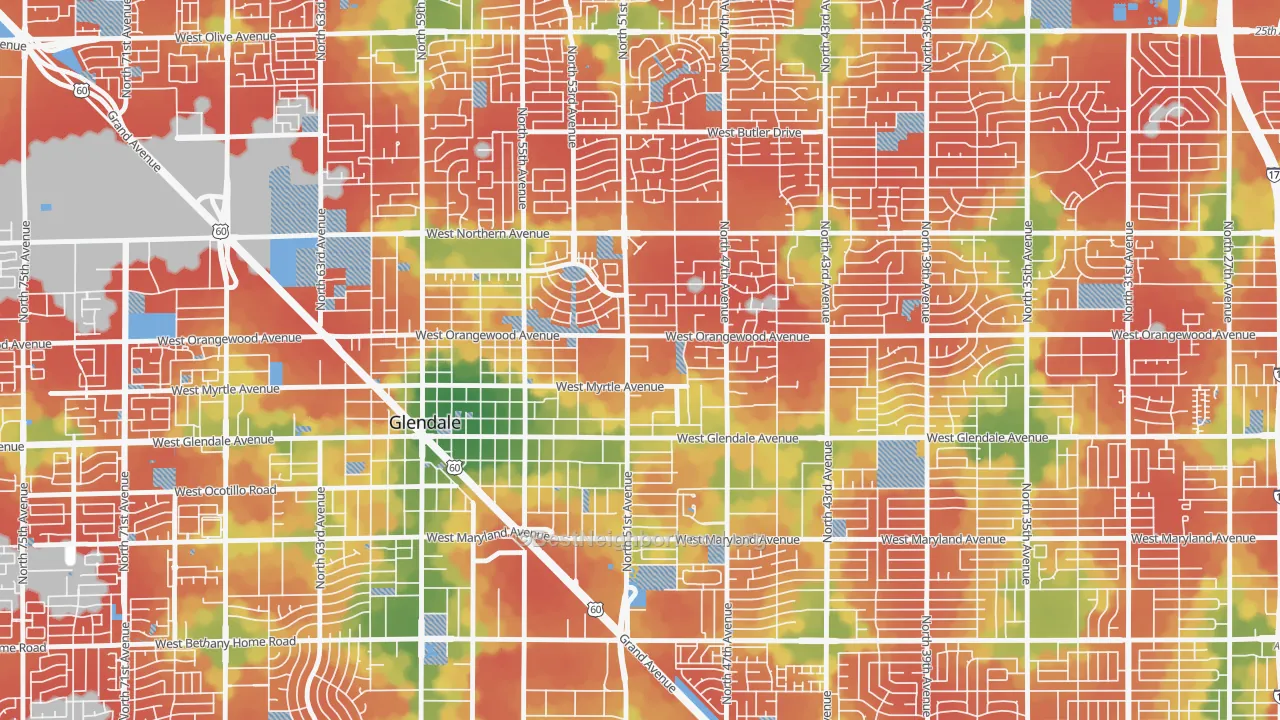 Walk Grade map of Downtown Glendale, Glendale, AZ, walkable areas in green and car-dependent areas in red