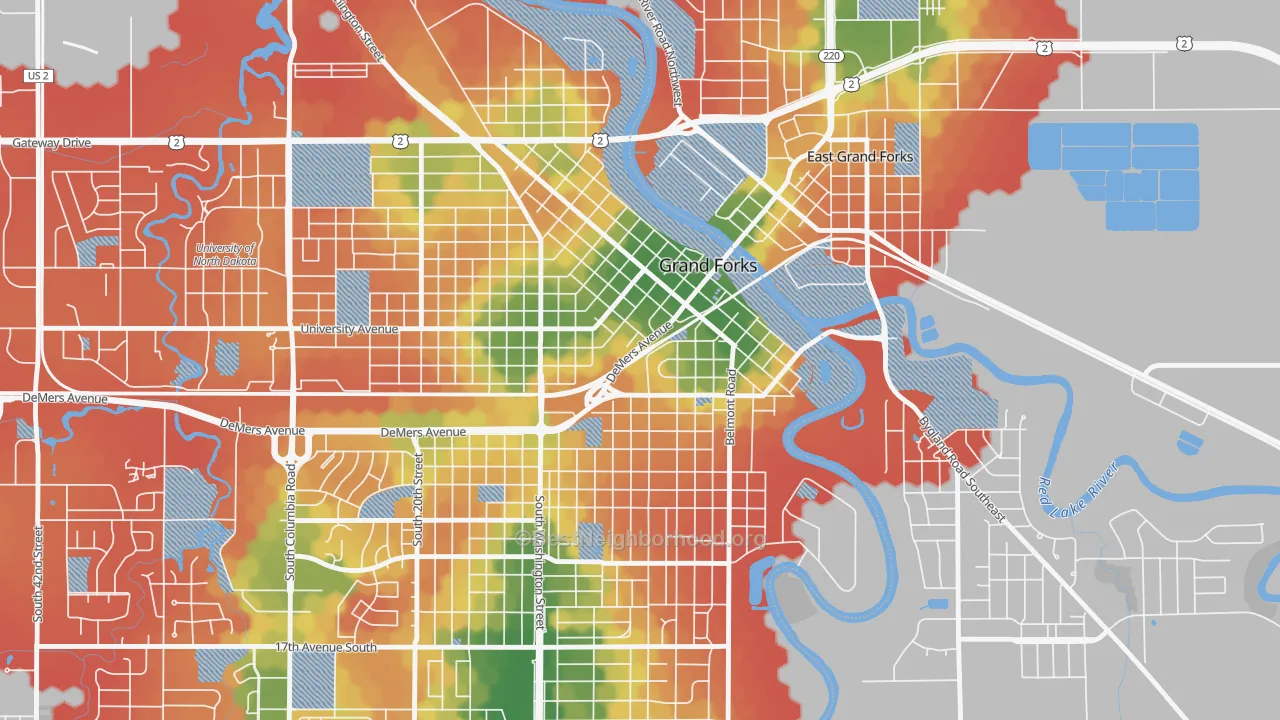 Walk Grade map of Downtown Grand Forks, Grand Forks, ND, walkable areas in green and car-dependent areas in red