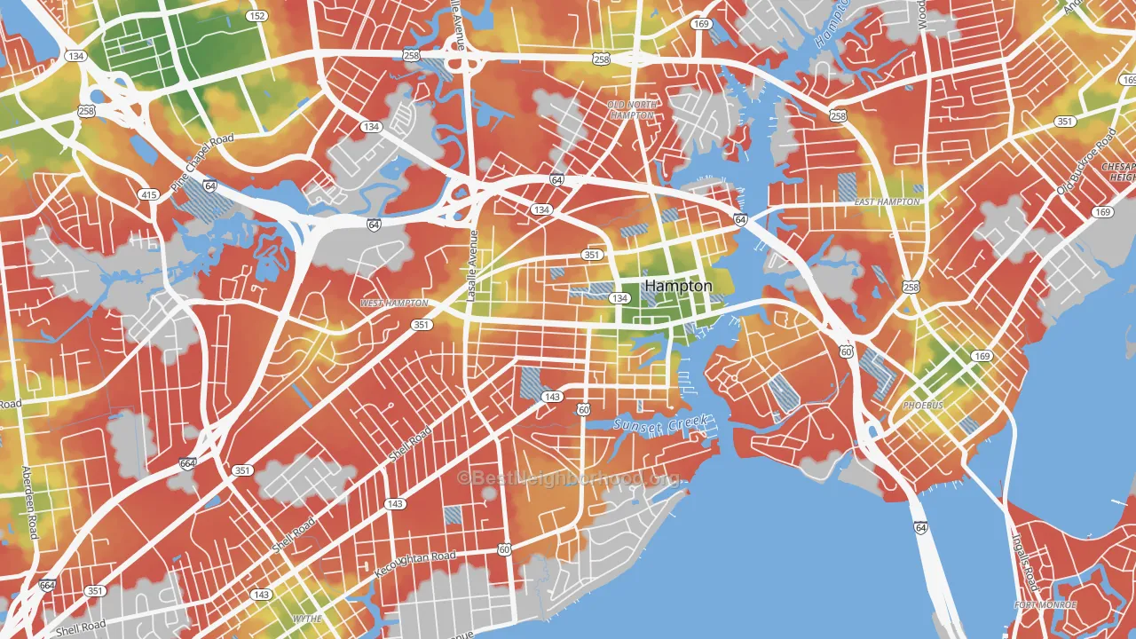 Walk Grade map of Downtown Hampton, Hampton, VA, walkable areas in green and car-dependent areas in red