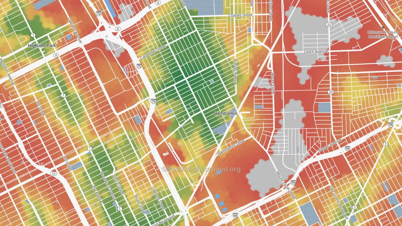Walk Grade map of Downtown Hamtramck, Hamtramck, MI, walkable areas in green and car-dependent areas in red